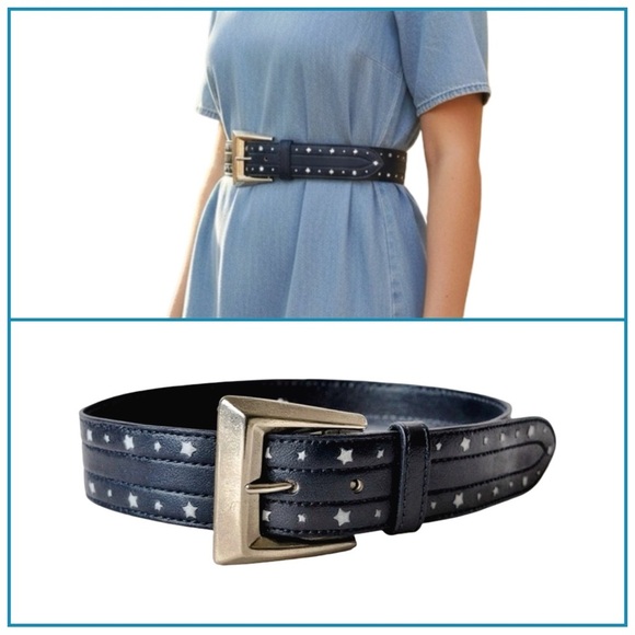 Escada Women’s Navy Leather Belt w/ White Stars & Silver Buckle. 33” x 1.5” - Picture 3 of 13